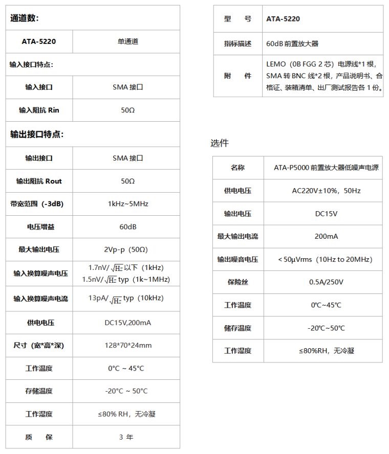ATA-5220前置微小信号放大器规格参数