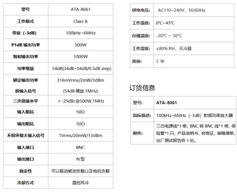 ATA-8061射频功率放大器规格参数