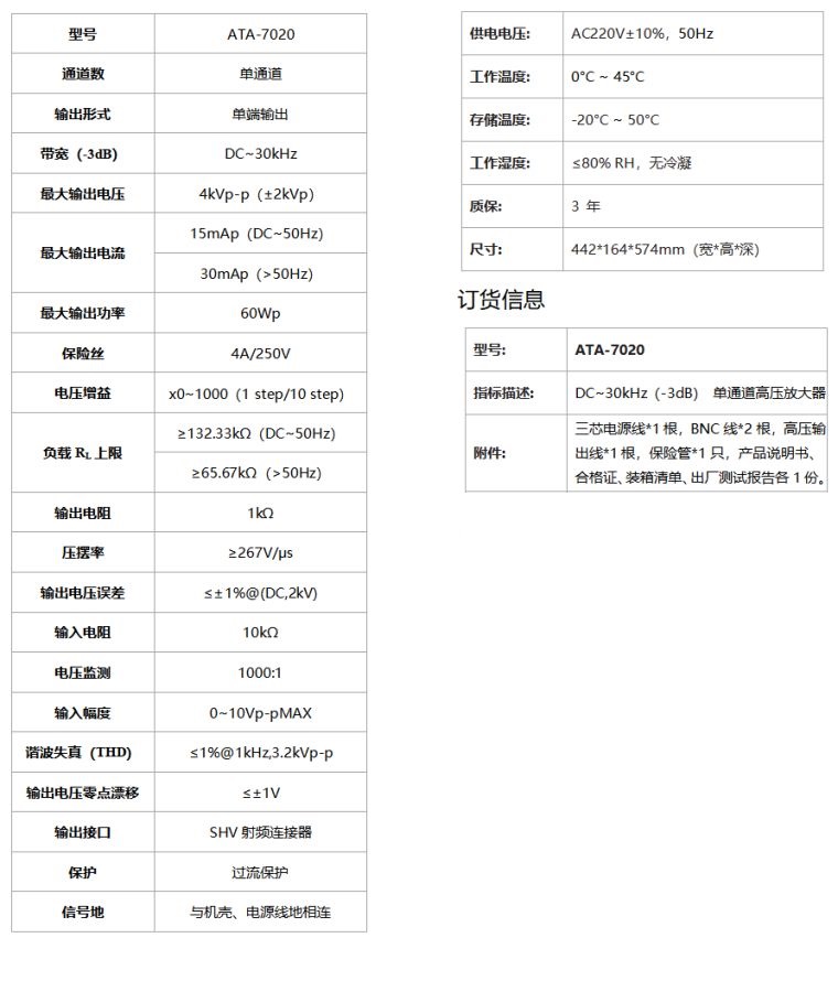 ATA-7020高压放大器规格参数