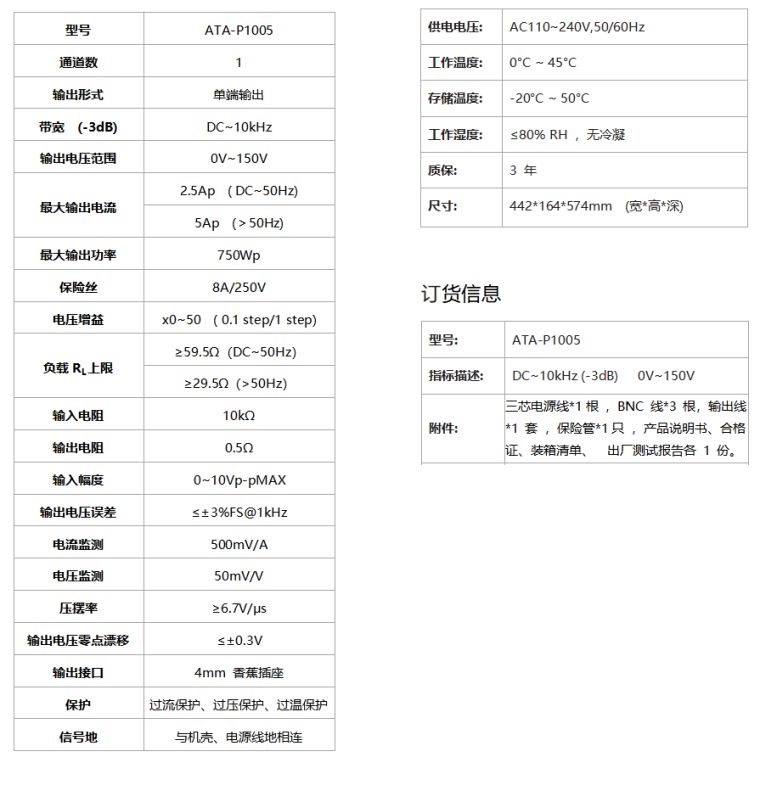 ATA-P1005功率放大器规格参数