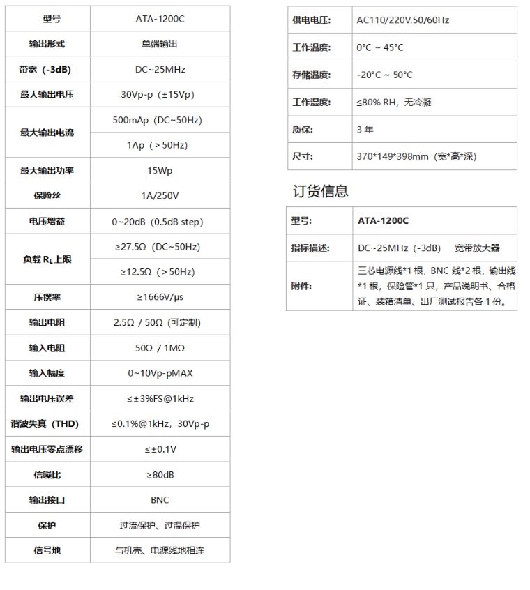 ATA-1200C宽带放大器指标参数